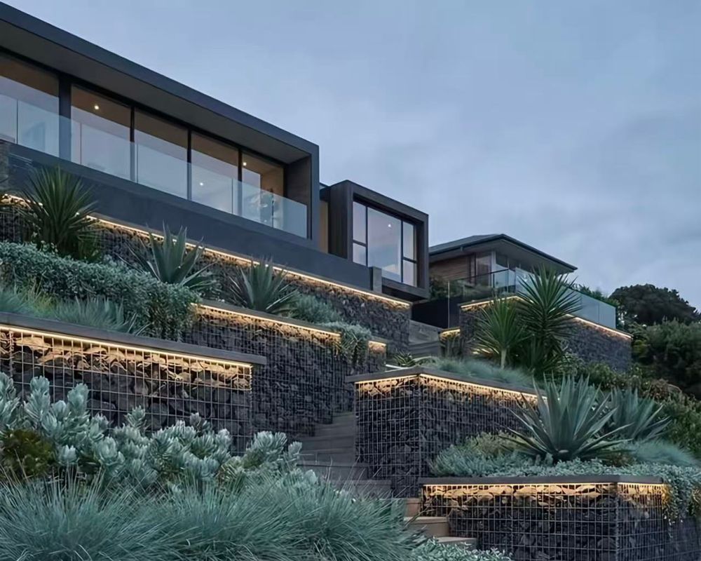 Welded gabion baskets used in modern landscape design Welded gabion baskets used in modern landscape design
